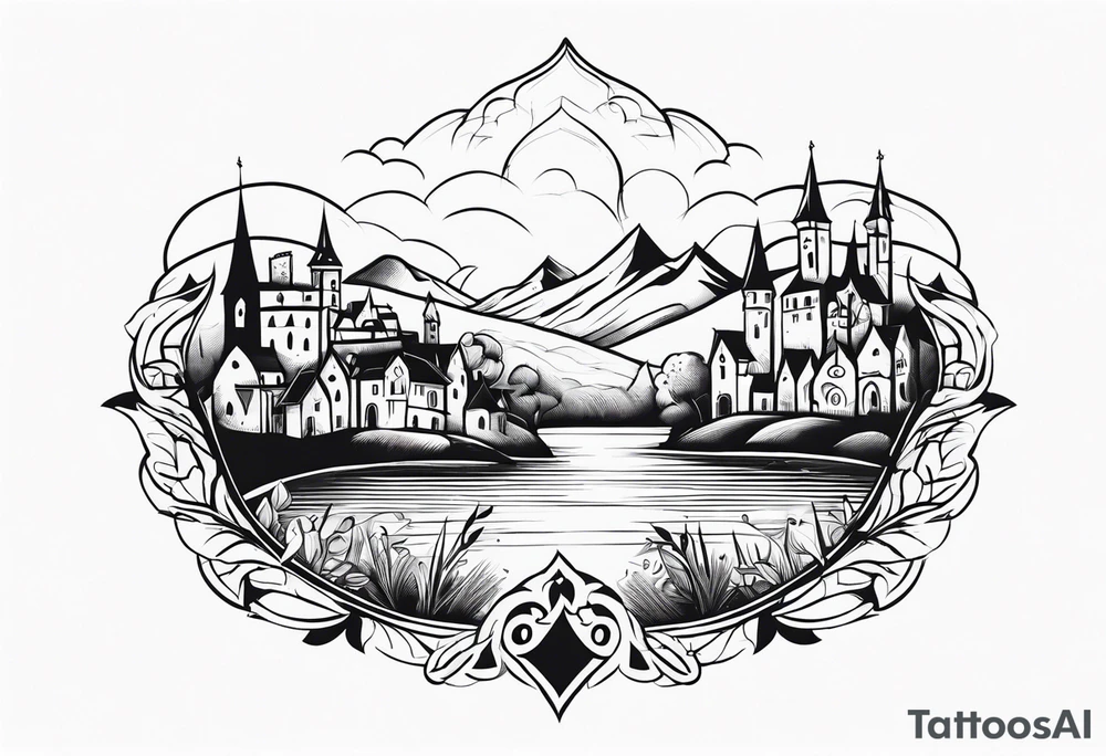 medieval tribal city 
floral  land  vignette tattoo idea