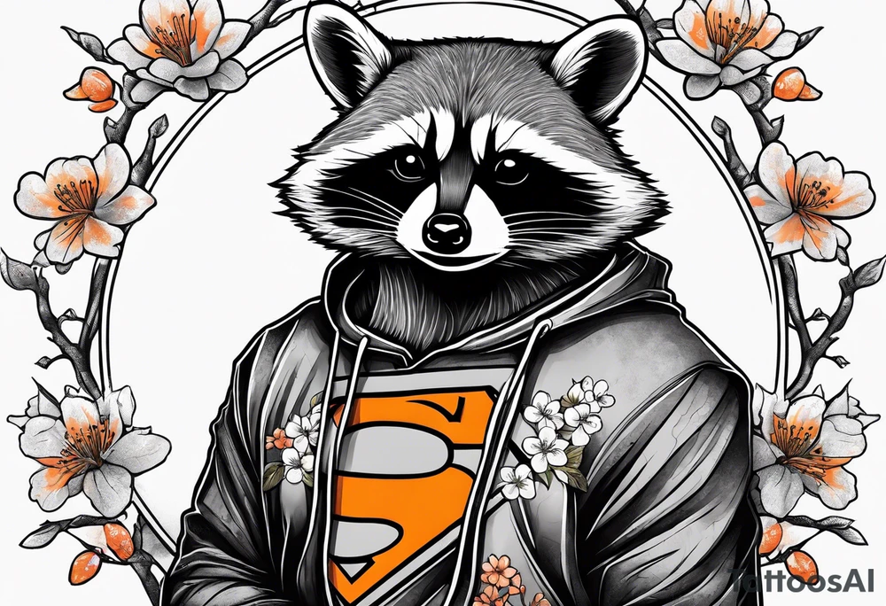 raccoon wearing a black and white Superman hoodie and orange Japanese cherry blossoms tattoo idea