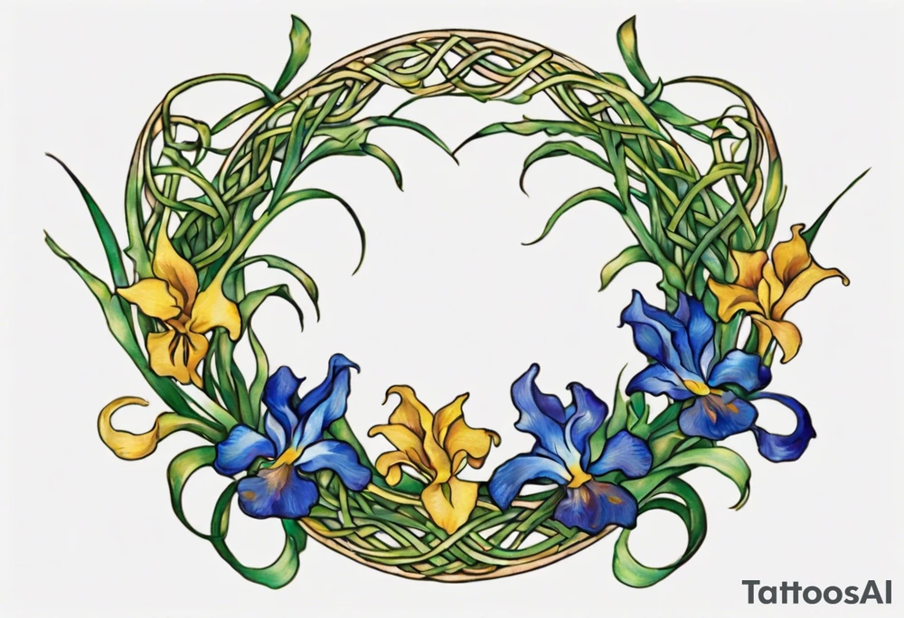 Create a small, colorful Vincent van Gogh Irises tattoo in the form of a crescent, with vines in Celtic knot style gracefully intertwining at a central point in the middle of the wreath. The intended placement is on the upper chest. The middle needs mountains. The overall design should be small in size while maintaining a delicate and artistic aesthetic. Pay attention to the graceful flow of the vines and the placement of the irises to achieve a refined and elegant look. tattoo idea