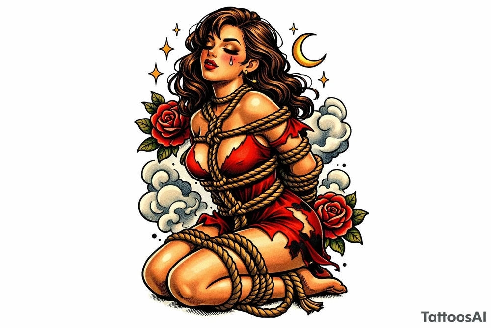 Woman bound by thick, textured ropes, chiaroscuro lighting, dramatic realism. tattoo idea