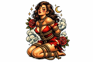 Woman bound by thick, textured ropes, chiaroscuro lighting, dramatic realism. tattoo idea