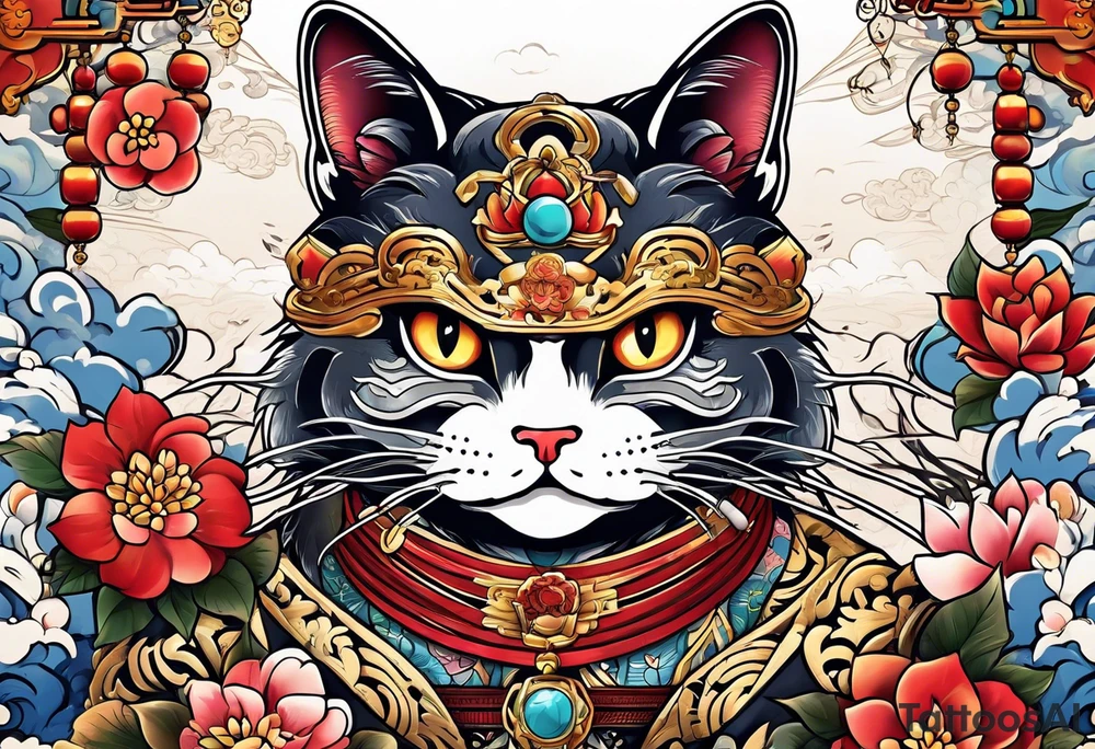 Beckoning cat with other Japanese elements tattoo idea