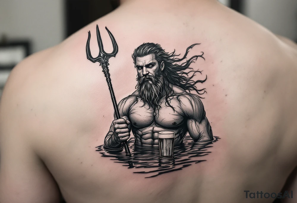 fit poseidon, behind a trident, in calm water, holding a beer tattoo idea