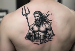 fit poseidon, behind a trident, in calm water, holding a beer tattoo idea
