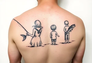 Dad fishing with 3 kids 
Daughter and 2 sons tattoo idea