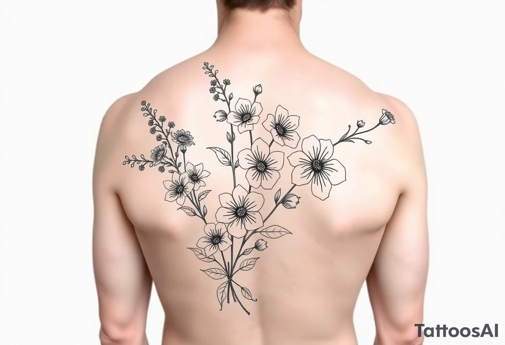 Full sleeve tattoo design of larkspur and hawthorn flowers, highly detailed line art, black ink, elegant botanical style, intertwined composition, no shading, no human mock-up, clean stencil style suitable for tattooing, fit fully within boundaries. LINE ART ONLY, REMOVE HUMAN, NO SKIN tattoo idea