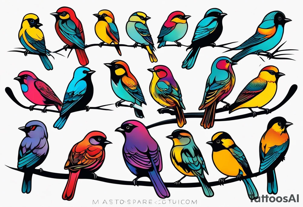 Seven small, colorful birds tattoo idea