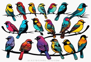 Seven small, colorful birds tattoo idea