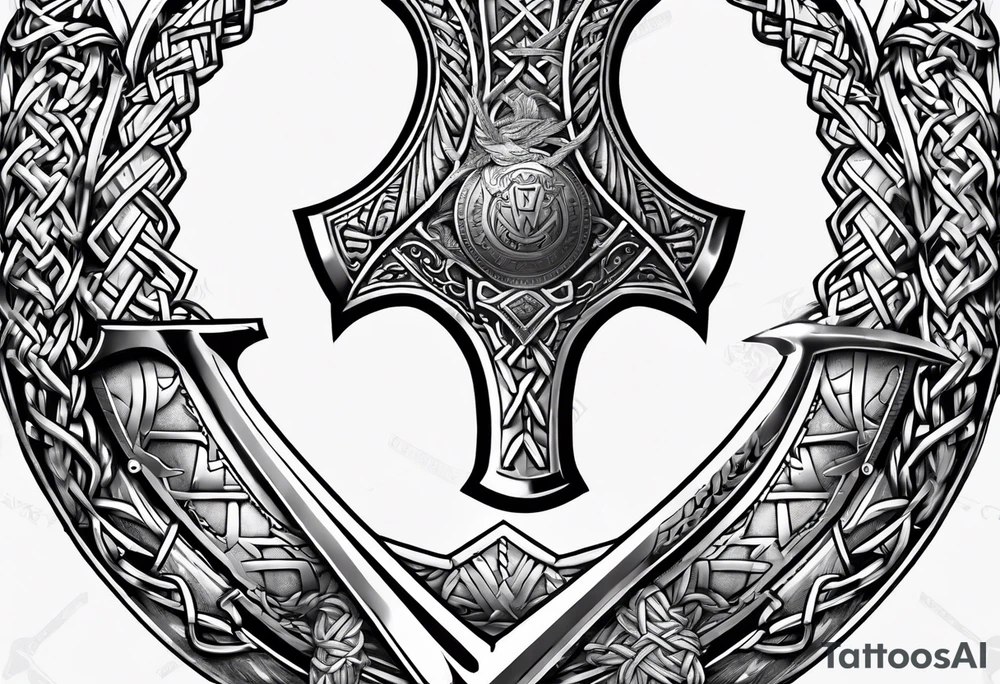 Valhalla  sword shield axe barbed wire chains valknut tattoo idea
