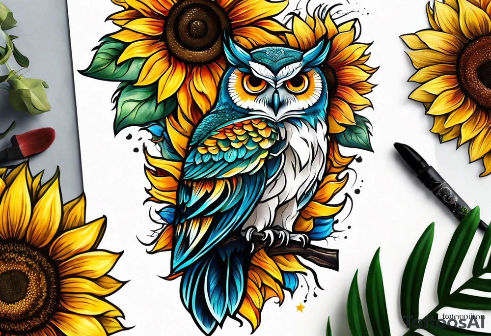 Leg sleeve with colorful sunflowers and an owl tattoo idea