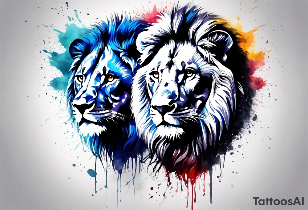 Two Lions. Water Colour splash back. Male and Female. Power and love. One protecting the other tattoo idea
