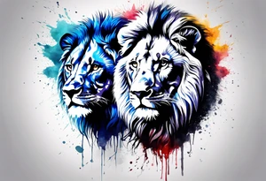 Two Lions. Water Colour splash back. Male and Female. Power and love. One protecting the other tattoo idea