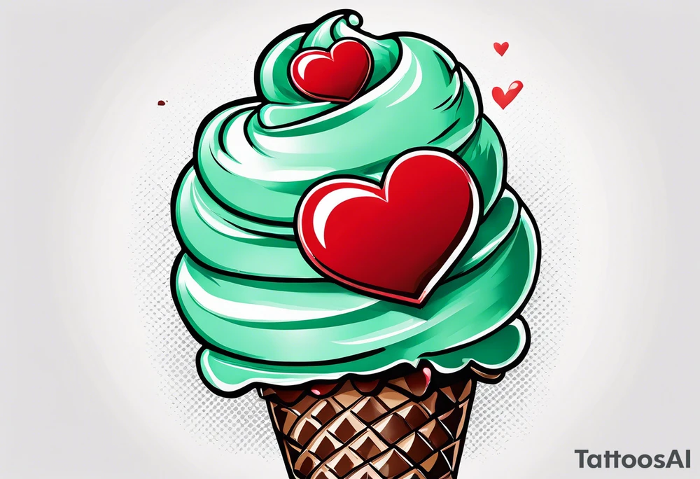 simple mint chocolate chip ice cream cone with small red heart on it somewhere. tattoo idea