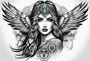 Thigh tattoo of a Powerful women, motherhood, thunderbird, medical, psychology tattoo idea