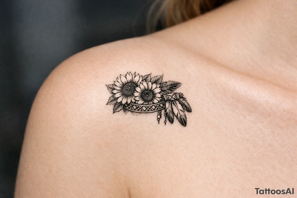 sunflowers with feathers and female Indian headband ribbon tattoo idea