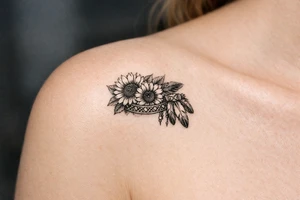 sunflowers with feathers and female Indian headband ribbon tattoo idea