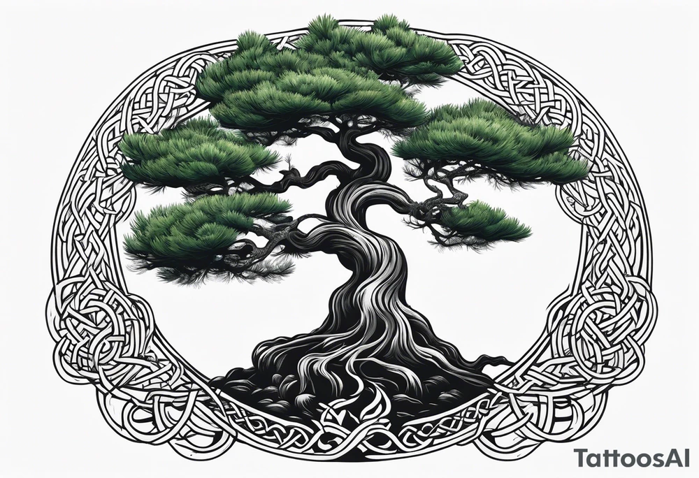 Pine tree and a juniper tree on the oposite sides.  roots of both trees are entangeled in celtic trinity sign tattoo idea