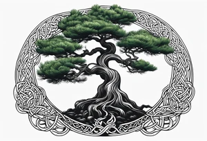 Pine tree and a juniper tree on the oposite sides.  roots of both trees are entangeled in celtic trinity sign tattoo idea