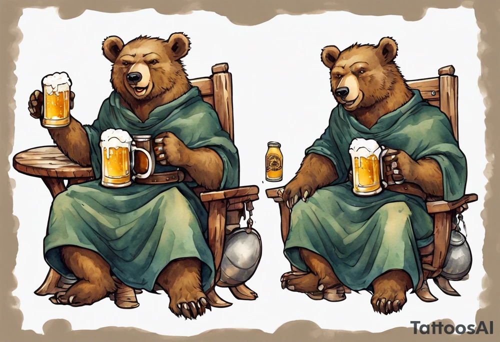 a medieval bear-human hybrid wearing a tunic and coif and drinking from a pewter mug of beer in a tavern, sitting in a chair, smiling tattoo idea