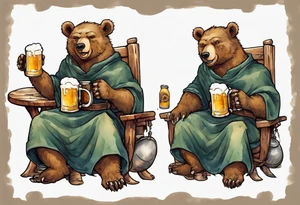 a medieval bear-human hybrid wearing a tunic and coif and drinking from a pewter mug of beer in a tavern, sitting in a chair, smiling tattoo idea
