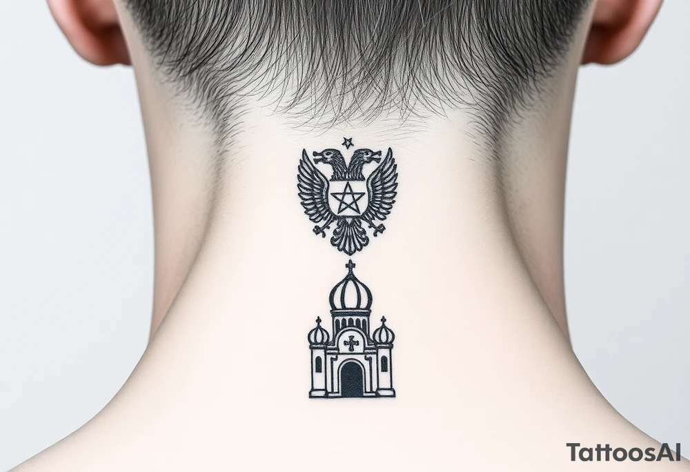 Miniature Echo
A smaller, refined version of your back composition stacked vertically:

Top: Small 8-pointed Russian star 
Middle: Tiny double-headed eagle (simplified, more linework style)
Bottom: Orthodox church dome with a cross tattoo idea
