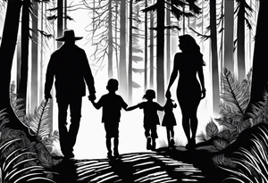 Chicano art . A shadow of a Man and Woman and young son and young daughter  walking through the Pacific Northwest Forrest. Crosses. tattoo idea