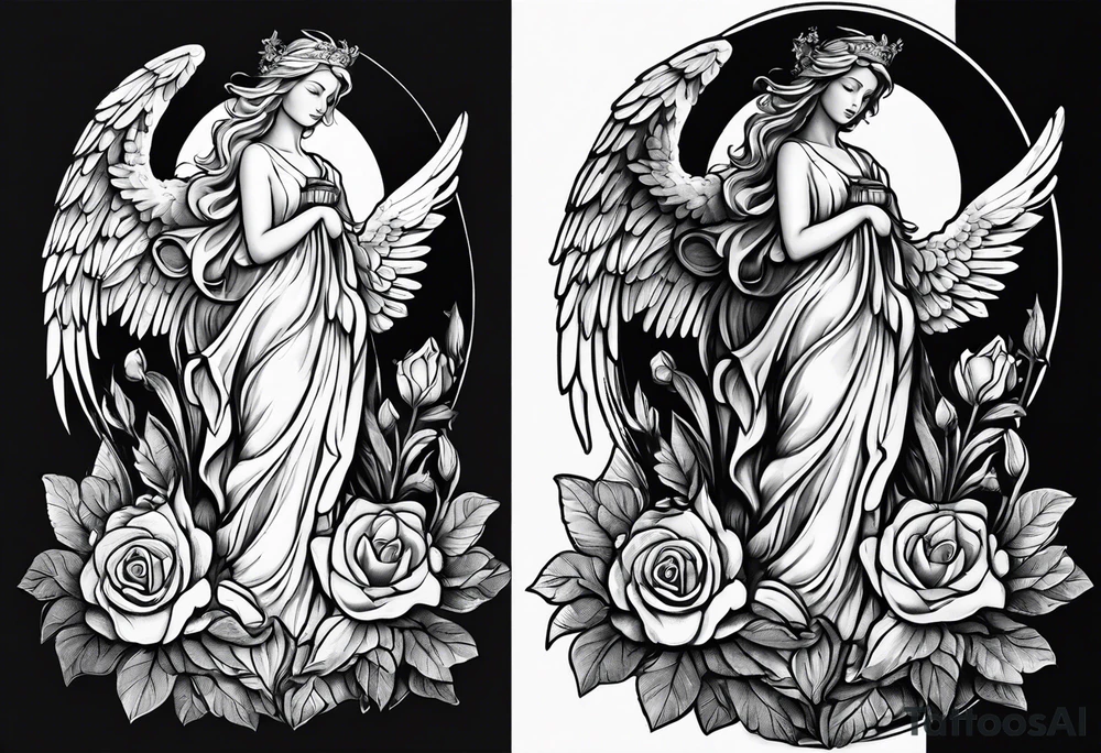 Simple Angel statue stood on a rock with daffodils and roses wrapped around its legs tattoo idea