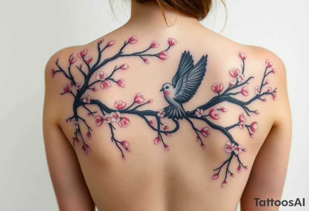 A big weeping, cherry blossom tree on the entire back, there are 2 doves. 1 is a baby Dove, flying into the sky. The second one is A Mom Dove hovering above the ground that’s turning black like she stained with grief. Goth romance 
These are the dates I want dainty in the heavily overflow of weeping cherry blossom branches and leaves March 31, 2024 – July 2, 2024 tattoo idea