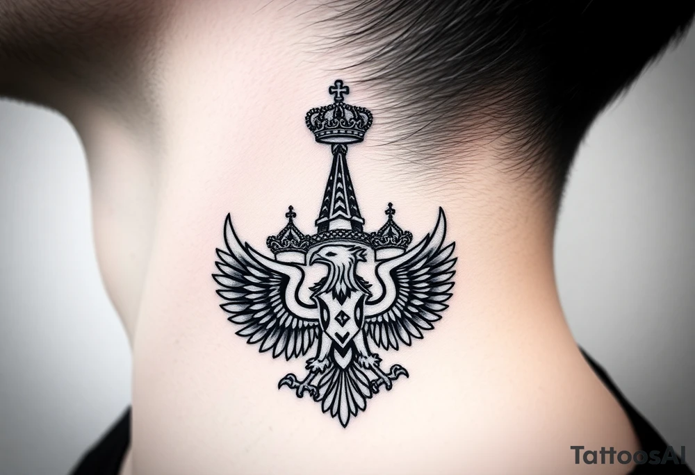 St. George, 3 russian imperial crowns above the Russian coat of arms double eagle and sitting above its wingspan sitting just above Kremlin or St. Basil's Cathedral scene  on the side of my neck tattoo idea