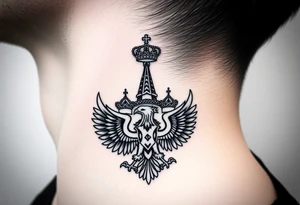 St. George, 3 russian imperial crowns above the Russian coat of arms double eagle and sitting above its wingspan sitting just above Kremlin or St. Basil's Cathedral scene  on the side of my neck tattoo idea
