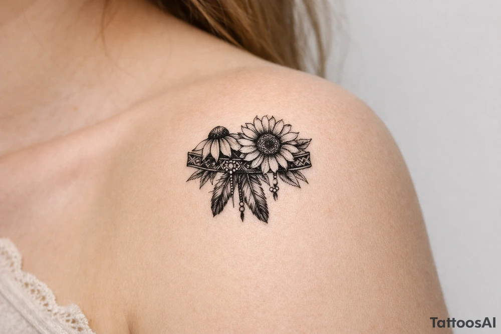 Coneflower and sunflower with feathers and female Indian headband ribbon tattoo idea