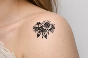 Coneflower and sunflower with feathers and female Indian headband ribbon tattoo idea