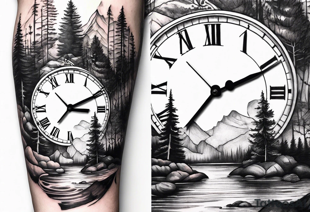 Sleeve design, forest, river, clock tattoo idea