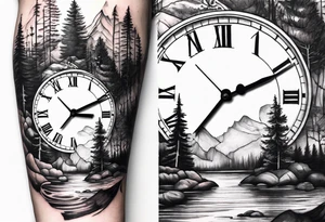 Sleeve design, forest, river, clock tattoo idea