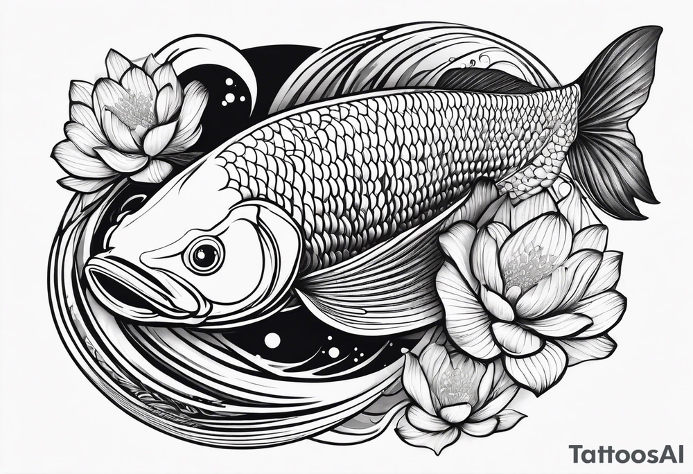 Arowana fish in waves with lotus tattoo idea