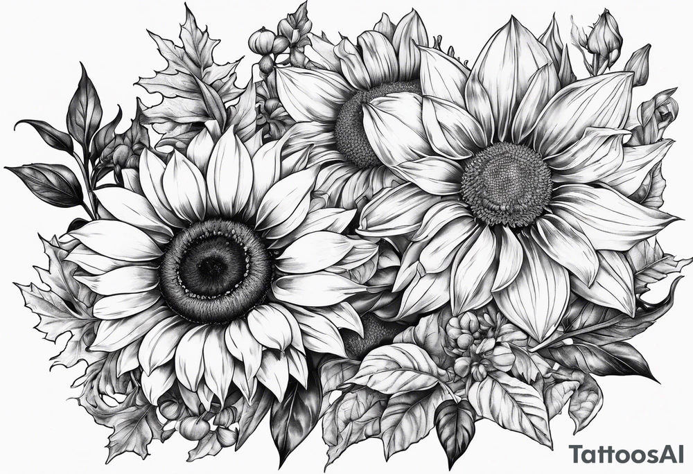 Sunflower, daffodil, poppy, chrysanthemum and holly tattoo idea