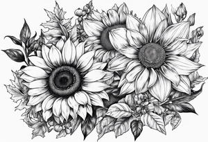 Sunflower, daffodil, poppy, chrysanthemum and holly tattoo idea