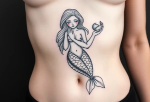 Full body mermaid with face slightly turned holding a shell in hand sad face detailed sculpture like face tattoo idea