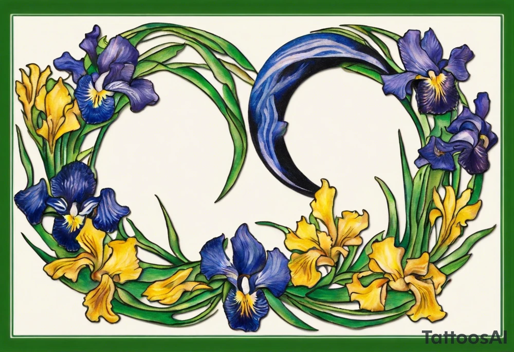 Create a small colorful Vincent van Gogh Irises tattoo in the form of a crescent, with vines or Celtic knots gracefully intertwining at a central point in the middle of the wreath.  In the middle of the wreath are mountains and other items found in New Mexico. Ensure that the design avoids the appearance of a bush and maintains a more structured and deliberate arrangement. The intended placement is on the upper chest. The overall design should be small in size while maintaining a delicate and artistic aesthetic. Pay attention to the graceful flow of the vines and the placement of the irises to achieve a refined and elegant look. tattoo idea