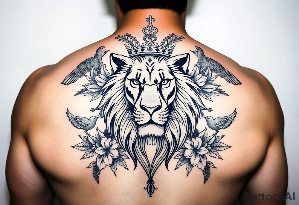 powerful majestic lion with a crown, surrounded by floral ornaments and birds tattoo idea