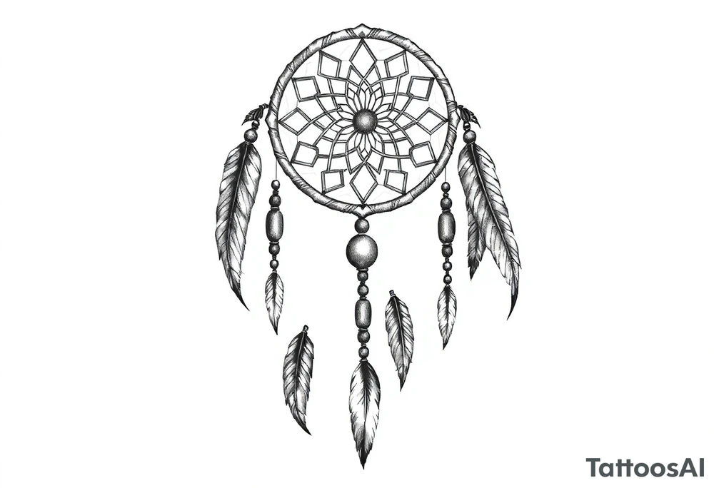 native dreamcatcher with flowing feathers and sacred beads tattoo idea