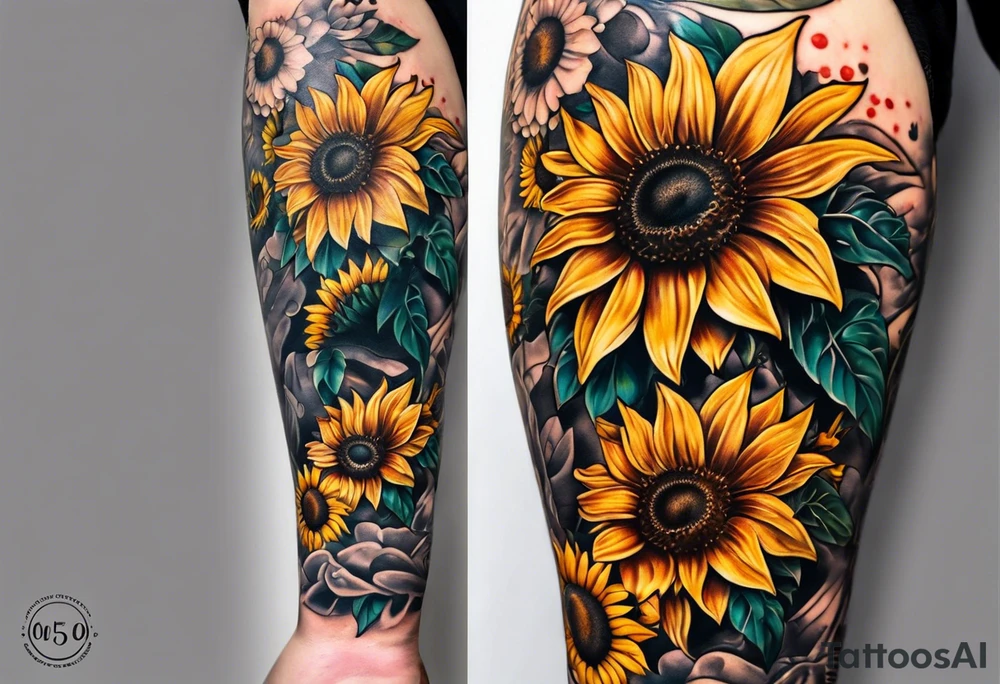 Sleeve with Roman numeral and sunflowers tattoo idea