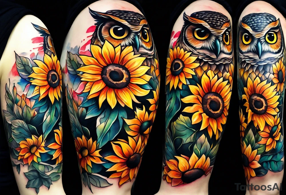 Leg sleeve with colorful sunflowers and an owl tattoo idea