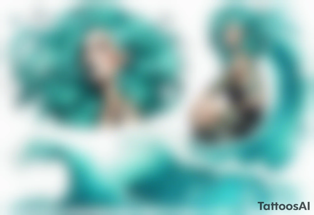 a tall woman made of water with turquoise hair sitting upon a wave tattoo idea