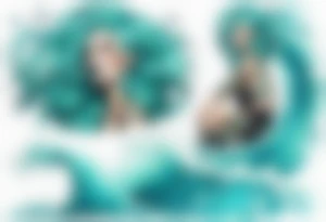 a tall woman made of water with turquoise hair sitting upon a wave tattoo idea