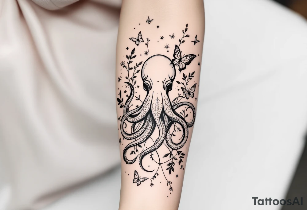 Elegant feminine full sleeve tattoo design on a woman’s arm, flowing abstract black ink lines intertwined with minimalist botanical elements — fine leaves, buds, and wildflowers. Central ornamental mandala-like symbols and geometric dotwork details. A gracefully stylized octopus with fluid tentacles wrapping subtly around the design, integrated with delicate butterflies fluttering around the composition. The butterflies are light, airy, and minimal, matching the fine-line style. Tattoo art style: modern minimalist, fine line, ornamental and botanical tattoo with surreal natural touches. Black ink only, soft feminine aesthetic tattoo idea