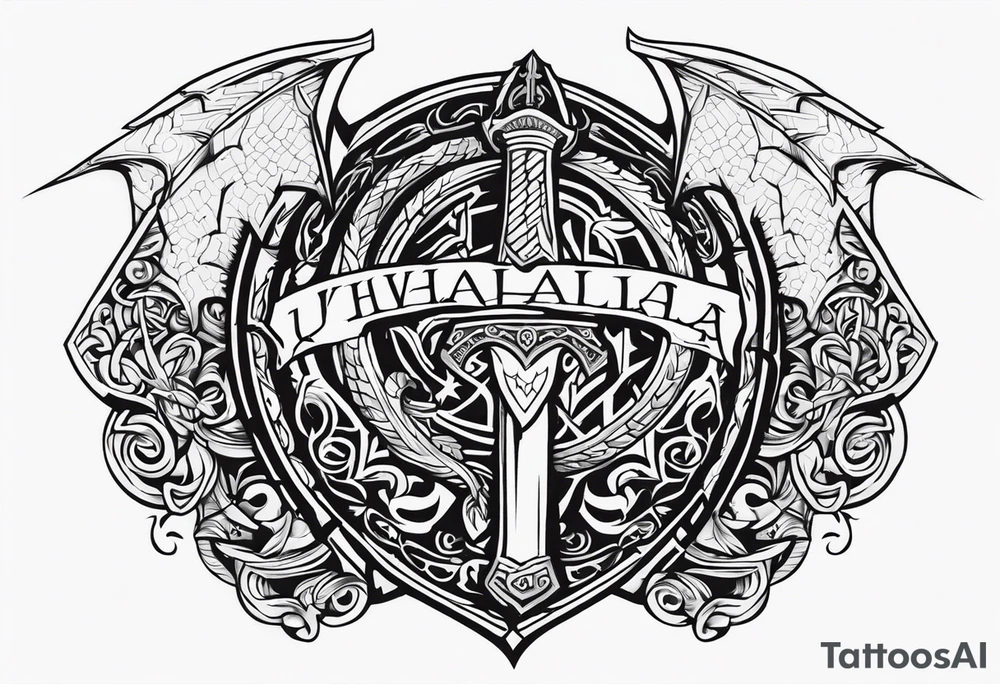Valhalla sword shield dragon axe viking church tattoo idea Valhalla sword shield dragon axe viking church tattoo idea