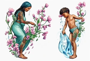 ethnic 
water-bearing woman and two little boys, watering sweet pea flowers cascading down, (leg art) tattoo idea