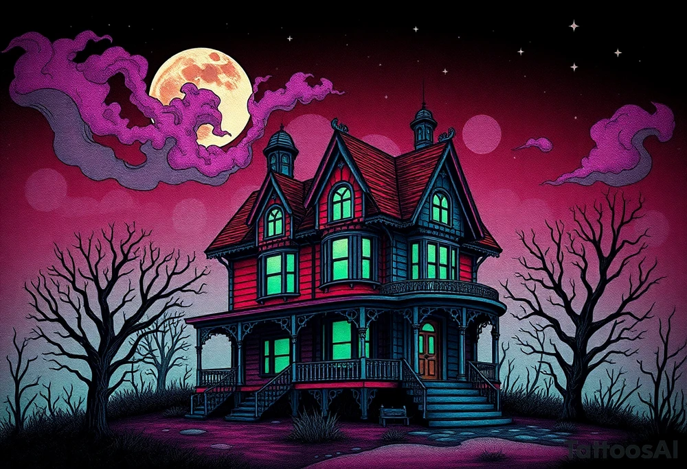 Tim Burton’s haunted victorian home is abandoned and dripping with muted reds, dusty pinks, and eerie green glow.purple and cyan smokey clouds swirl in the crescent moonlit sky thats sprinkled with stars tattoo idea tattoo idea