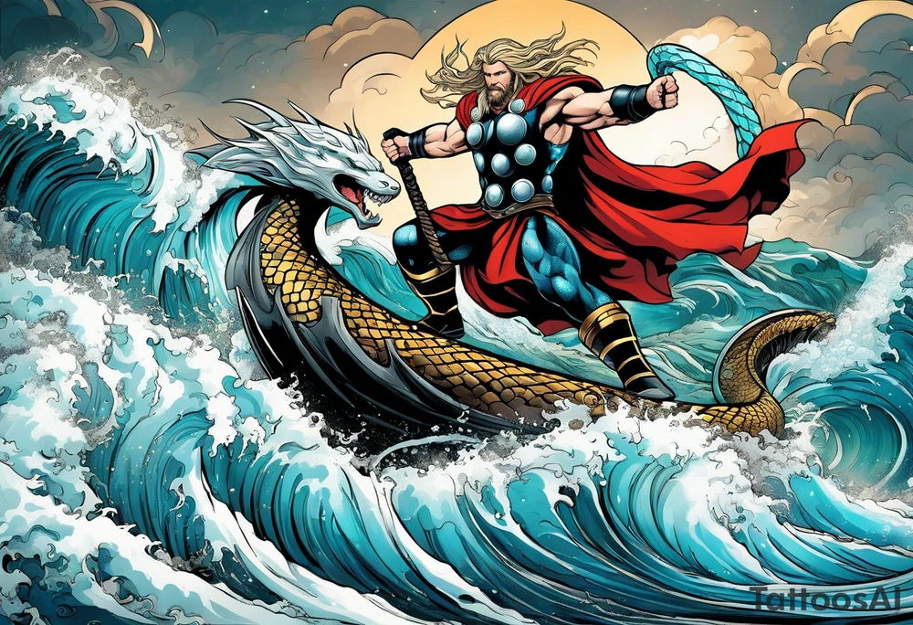 Thor fighting the world serpent in the ocean in a typhoon tattoo idea